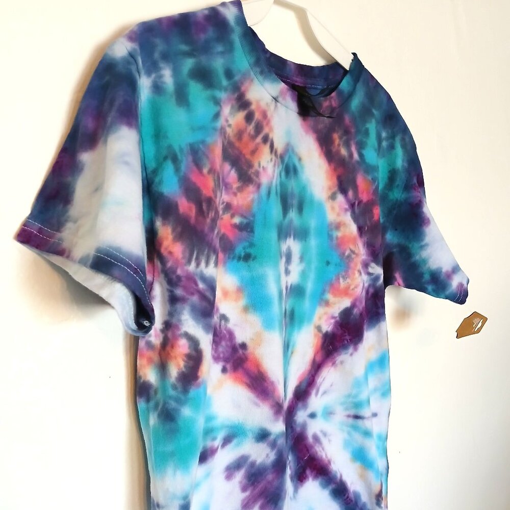 Tie Dye T-Shirt Off Center Diamond Pattern Blue Purple Orange Pink Kid's Large - Picture 4 of 16